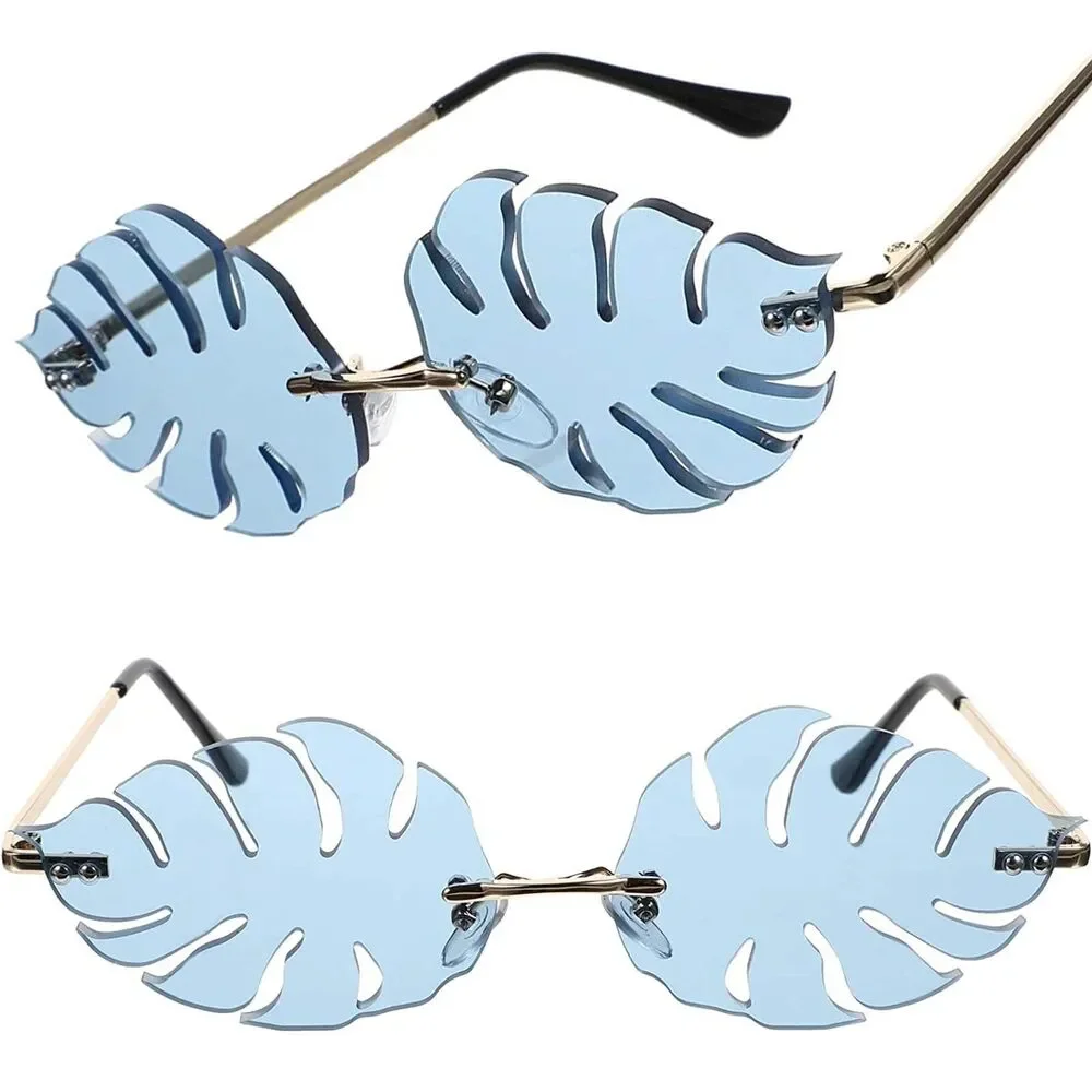 Blue Monstera Leaf Rimless Sunglasses Festival Rave